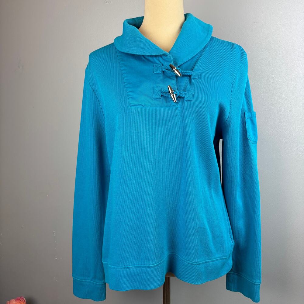 Ralph Lauren Vibrant Blue Cowl Shawl Neck Toggle Button Long Sleeve Top Sporty